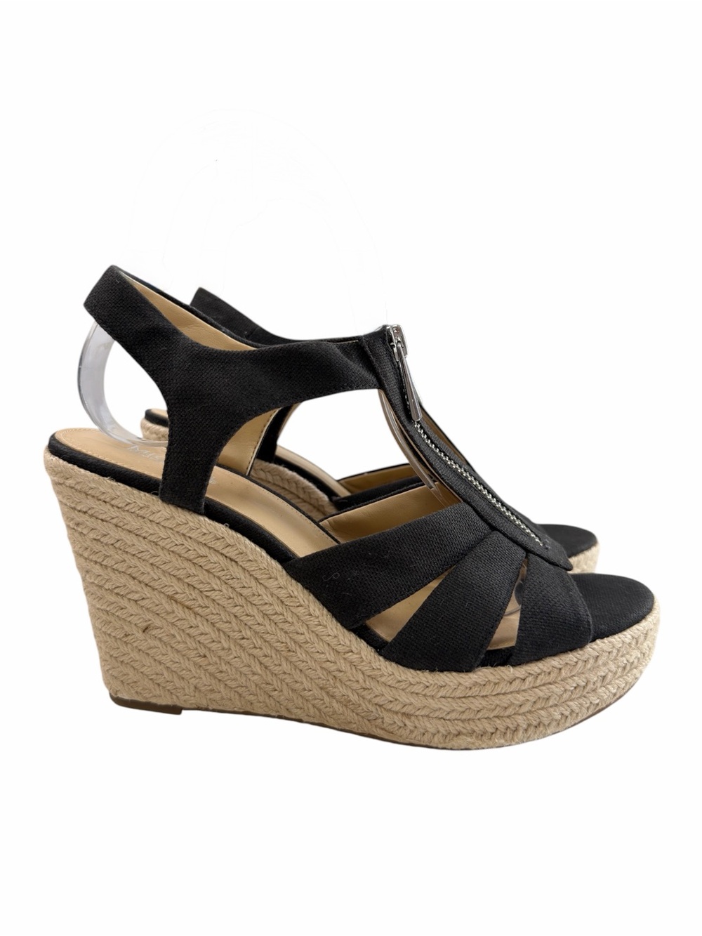 Michael Kors Berkley T Strap Espadrille Wedge Sandals Black Canvas Size 7M - Picture 3 of 16
